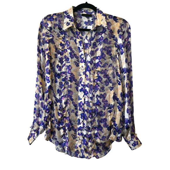 Richard Chai Floral Button Down Blouse Size 0 Pink Romantic Sheer Silk Chiffon - Picture 1 of 4